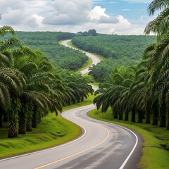 Scenic Road Through Palm Oil Plantation in Malaysia.