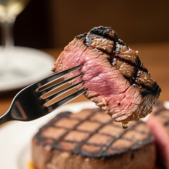 Perfectly Grilled Medium Rare Steak on a Fork Close-Up.