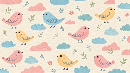 Obraz premium Pastel Birds & Clouds Motif on Textured Paper. Tiny pastel birds and clouds repeating over soft textured paper—delicate whimsical pattern.