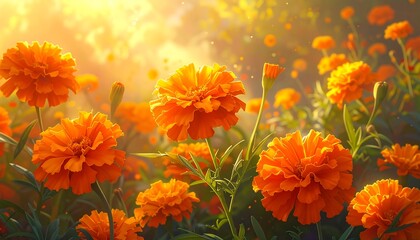 Vibrant Orange Marigold Flowers in Sunlight.