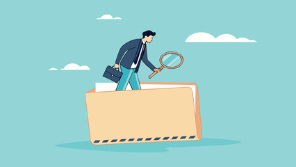 Document, search or file archive, office contract concept, research papers or documentation files, company documents archive, businessman looking for files in a document file using a magnifying glass
