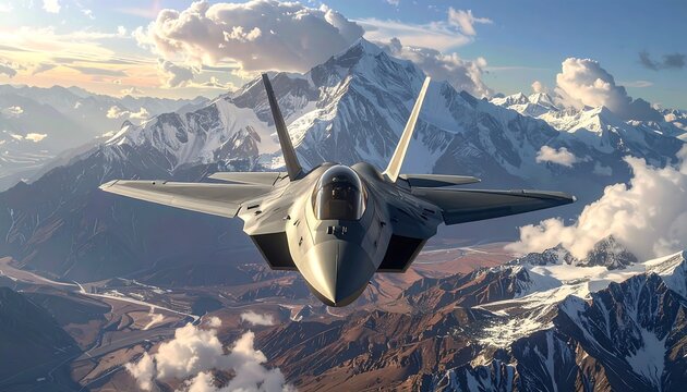 Fighter Jet Soaring Above Mountainous Terrain.