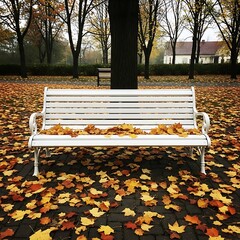 Autumn Serenity - A Bench Amidst Fallen Leaves in the Park.