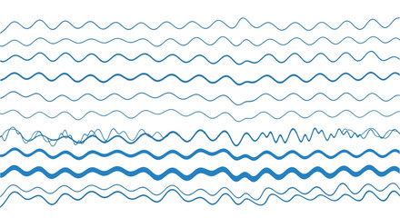 Collection of blue wavy lines and squiggly stripes. Vector graphic set with different thin and thick curve styles. Abstract water, ocean, and sea wave patterns for backgrounds or borders.