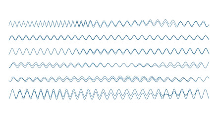Set of vector waveforms. Sound wave and audio signal illustration. Music rhythm, voice frequency, and amplitude graph. Abstract sine wave oscillation and pulse line chart.