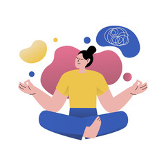 Woman Meditating in Lotus Pose Yellow Top Blue Pants Transparent Background Abstract Shapes Brain Illustration