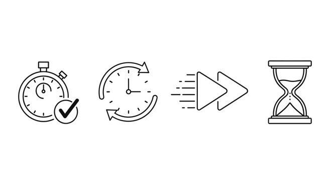 Stopwatch timer checkmark, circular clock arrow, fast forward motion, hourglass sand timer. Time management concept, speed deadline efficiency icons, productivity schedule symbols. Outline vector set.