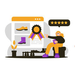 Woman Points To Online Shopping References On A Transparent Background Featuring Footwear And Award Ribbons With Star Ratings Displayed.