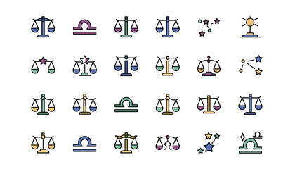 Libra zodiac sign vector icon set. Astrology and horoscope symbols. Scales of justice, balance, constellation, and star icons for astrological and celestial concepts.