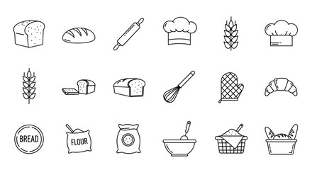 Bakery and baking line icons set. Bread, pastry, kitchen, and cooking outline symbols. Vector graphics of loaf, croissant, flour, wheat, chef hat, rolling pin, and whisk.