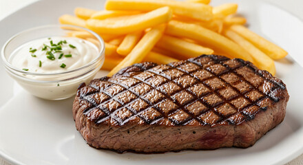 Grilled Steak with French Fries and Sauce on Plate