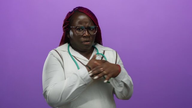 African american woman in a white coat with a stethoscope shivering against an isolated purple background.