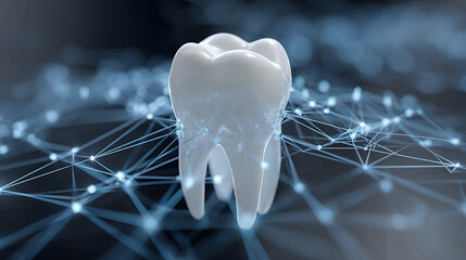 A glossy white tooth floats at center over blue digital network of glowing lines, and nodes in view