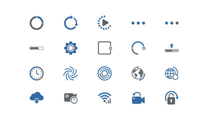 Vector icon set for UI design. Loading progress bar, refresh circle, upload, download cloud, wifi. Globe, play button, settings gear, security lock for web and mobile app.
