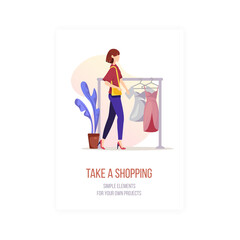 Woman selecting dress from clothing rack indoors with potted plant and abstract shapes in background soft lighting