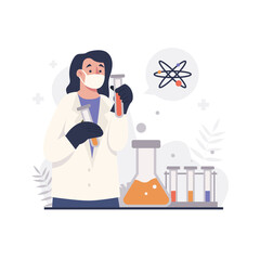 Woman Scientist Wearing Mask and Gloves Holding Test Tubes with Chemical Solutions Next to Beakers and Atom Symbol in a Laboratory Setting