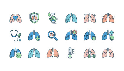 Lungs vector icon set. Pulmonology, respiratory system concepts. Medical symbols for breathing, organ health, disease diagnosis, treatment, protection, therapy and wellness icons.