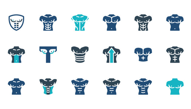 Male torso vector icon set for fitness and health. Collection of man body, chest, and abs symbols. Muscular physique for gym, workout, and anatomy logo design concepts.