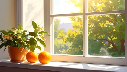 Sunlight Illuminates Windowsill with Oranges and Flowers.