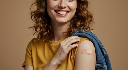 Smiling Woman with Post-Vaccination Bandage on Arm.