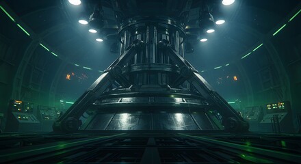 Futuristic Spacecraft Engine Core in Dark Environment with Green Lighting