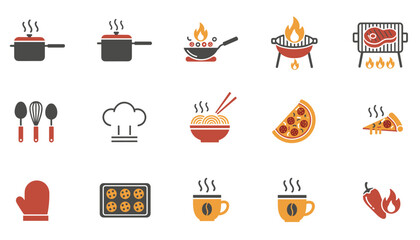 Cooking and food vector icon set. Kitchen utensils, meal preparation symbols. Hot food, barbecue grill, steak, pizza, noodles, coffee. Chef hat, baking cookies, spicy chili.