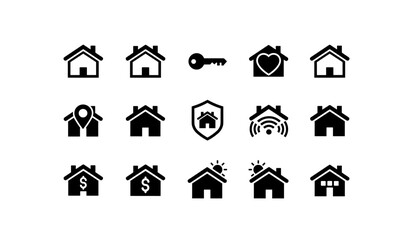 House icon set vector glyph collection for real estate business. Home symbols for property, location, security, smart home, investment, and sale. Flat design pictogram.