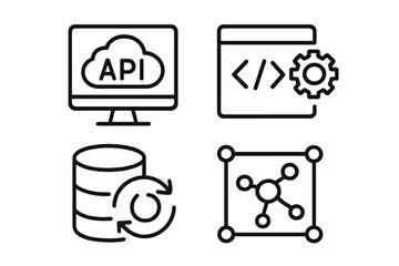 API icon set. Application programming interface concept. Software development, data integration, cloud service, backend connection. Code, database sync, network, web technology.
