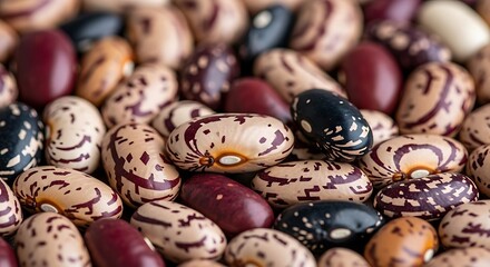 Close-up of colorful pinto beans, a staple ingredient in many cuisines.