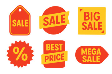 Sale tag special offer. Big sale discount. Best price mega sale banner. Shop online shopping sticker. Badge coupon store. Vector icon set. Promotion label design element.