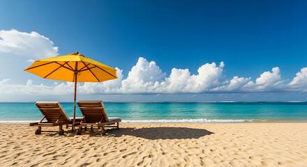 Beach Scene with Umbrella and Chairs on Sandy Shore