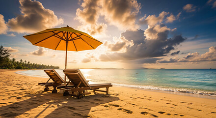 Relaxing Beach Scene with Lounge Chairs and Umbrella at Sunset