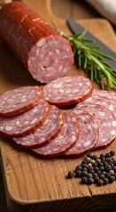 Salami Slices on Wooden Board with Rosemary and Pepper.