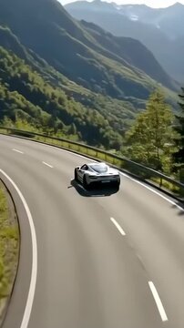 A modern sport car riding on a winding highway. View from above