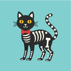 Day of the Dead Cat Skeleton Illustration with Red Bow Tie