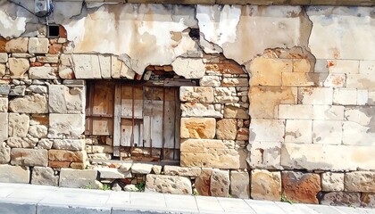 Damaged Stone Wall with Architectural Details.