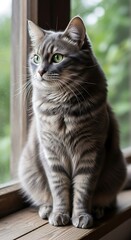 Gray Tabby Cat Gazing Out Window with Focused Expression.