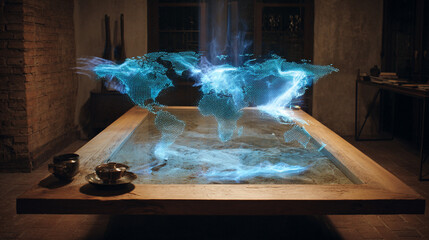 Holographic world map projection glowing with blue light on a table