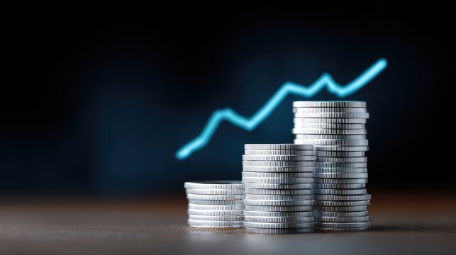 Stacked Coins with a Rising Graph Line Symbolizing Financial Growth, Investment Success, Economic Progress, and Wealth Accumulation in a Contemporary Setting