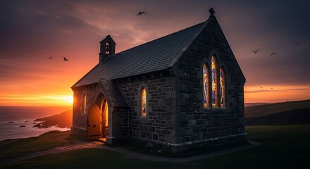 Picturesque Church on Coastal Hill at Sunset with Birds Flying.