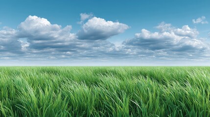 Lush Green Grass Landscape Under a Bright Blue Sky with Fluffy White Clouds on a Clear Day, Perfect for Nature, Outdoor, and Tranquility Themes