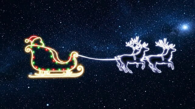Happy new year. Sleigh with Santa Claus and reindeer riding over the starry sky with letters 2026 and fireworks