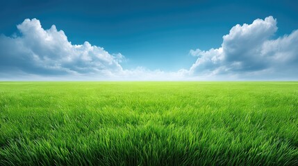 Lush Green Grass Landscape Under Bright Blue Sky with Fluffy White Clouds and Serene Open Space for Nature and Outdoor Themes