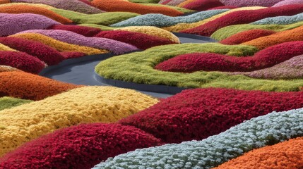 Vibrant and Colorful Flower Fields with Wavy Patterns and a Scenic Pathway Surrounded by Bright Blossoms in Full Bloom Across the Landscape