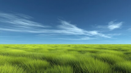 Serene Landscape with Lush Green Grass Under a Clear Blue Sky and Soft White Clouds, Capturing the Essence of Nature's Tranquility and Beauty in a Vast Open Field