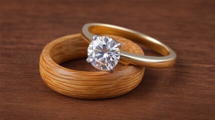 Elegant wooden wedding band paired with a stunning engagement ring featuring a large diamond, symbolizing love and commitment in a stylish arrangement on a wooden surface.