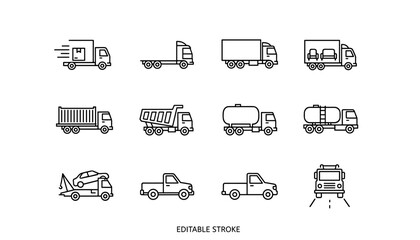Trucks line icon set. Transport, delivery, logistics business. Cargo, shipping, freight. Lorry, dump truck, tanker, pickup, tow truck, semi truck vector symbols. Editable stroke.