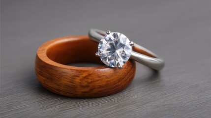 Elegant Wedding Ring Set Featuring a Silver Engagement Ring with a Brilliant Diamond and a Wooden Wedding Band on a Subtle Gray Background