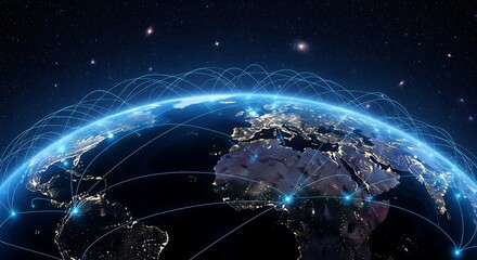 Dynamic depiction of global technological connectivity, showcasing a glowing Earth linked by a vast digital network