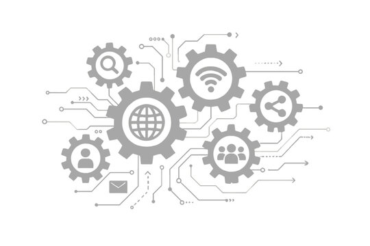 Technology mechanism abstract background with integrated gears and icons. Digital strategy, internet network, social media, connection, communication, teamwork, global business.